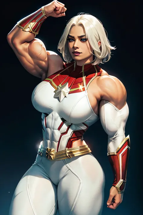 ((((Massive, beautiful, buff, light brown skinned muscular woman with white hair, black lipstick, ginormous bulky muscles, flying and wearing a white captain marvel costume with pants)))), close view, (massive muscle), (massive biceps), ((long straight whi...