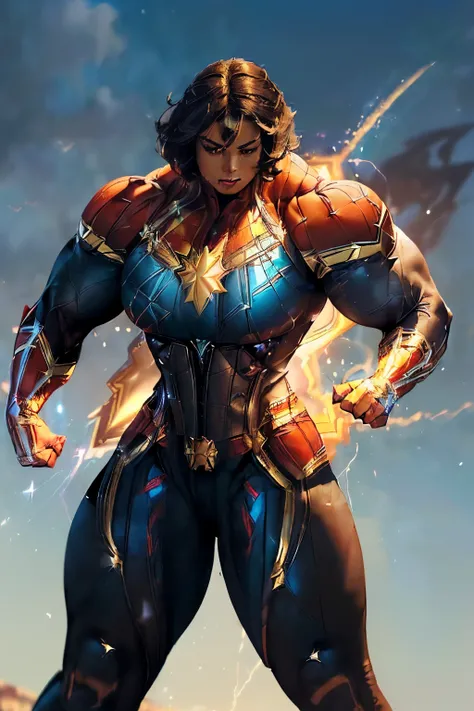 ((((Massive, beautiful, buff, light brown skinned muscular woman with black hair, black lipstick, ginormous bulky muscles, flying and wearing a black captain marvel suit with pants)))), close view, (massive muscle), (massive biceps), (straight long hair), ...