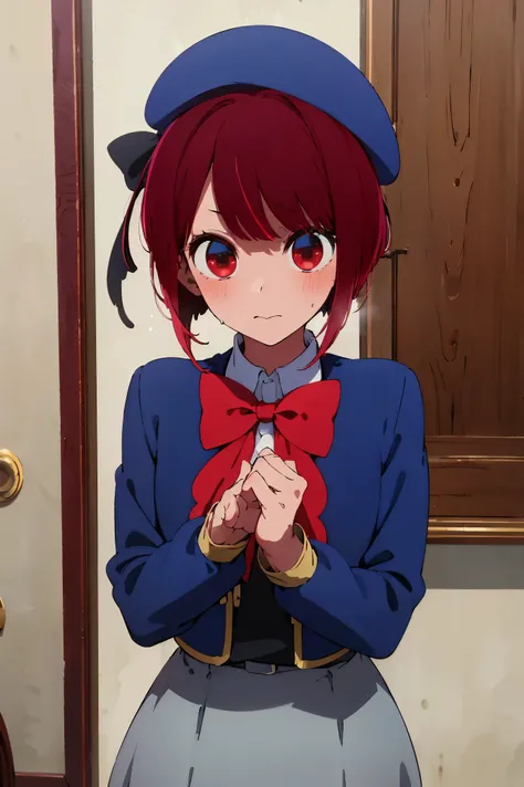 NSFW,masterpiece, top quality, high definition , very detailed ,Magana, short hair、 red eyes,Beret、 blue hat、 Red Bow Tie 、 collared shirt 、 blue jacket 、 open jacket、 Long Sleeve 、 gray skirt 