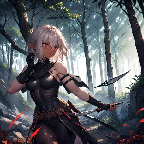 masterpiece, best quality, highly detailed, digital art, character design, full body shot, (female elf assassin), (dark skin tone:1.3), (dark red eyes:1.2), (short terracotta hair:1.3), hair ornament, long eyelashes, (small pointy ears:1.2), lean muscular ...