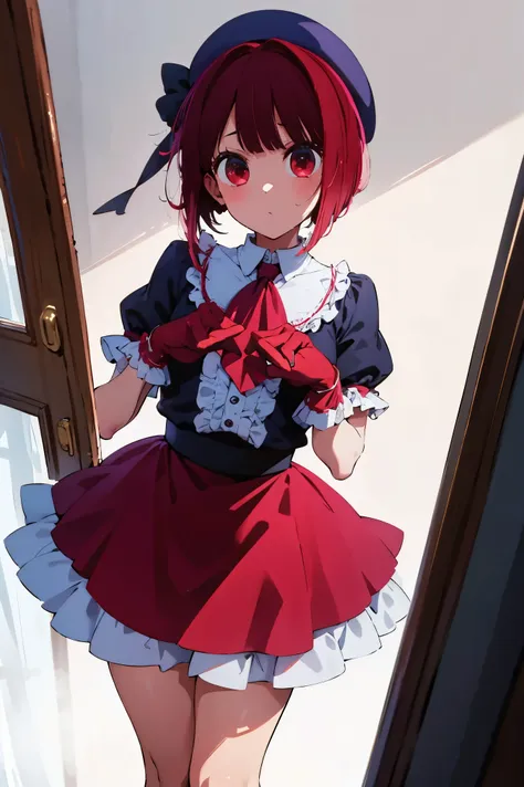 NSFW,masterpiece, top quality, high definition , very detailed ,Magana, short hair、 red eyes, mini hat 、gem、brooch、 white ascot、Frills、 red shirt、Short sleeve、Pink gloves、 black skirt