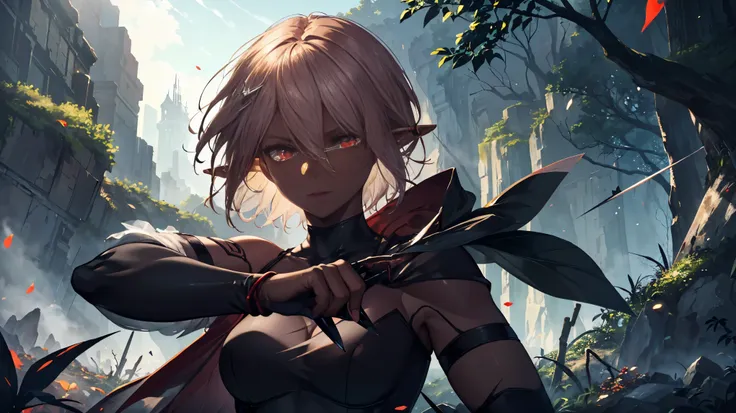 masterpiece, best quality, highly detailed, digital art, character design, full body shot, (female elf assassin), (dark skin tone:1.3), (dark red eyes:1.2), (short terracotta hair:1.3), hair ornament, long eyelashes, (small pointy ears:1.2), lean muscular ...