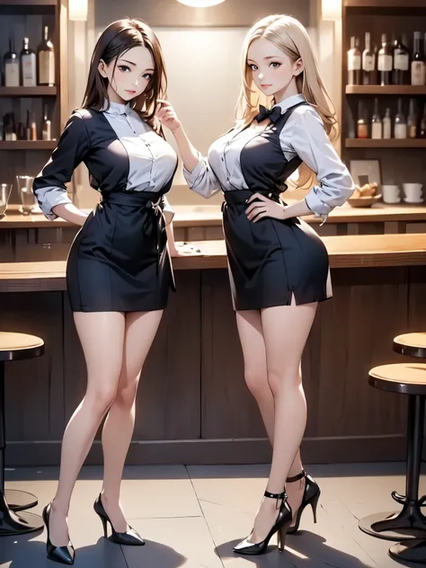 (masterpiece:1.3),(best quality, highest quality),((Including face)),1girl,Standing position,4K,((Focus on the face)),((Symmetrical facial features)),Beautiful woman, slender, Beautiful feet, ((High heels)),Detailed depiction of the face,(cafe staff unifor...