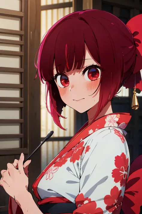 NSFW,masterpiece, top quality, high definition , very detailed ,Magana, short hair、 red eyes, kimono,kimono,hairpin,smug face,blush