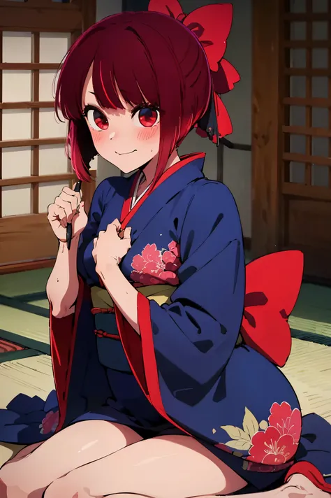 NSFW,masterpiece, top quality, high definition , very detailed ,Magana, short hair、 red eyes, kimono,kimono,hairpin,smug face,blush