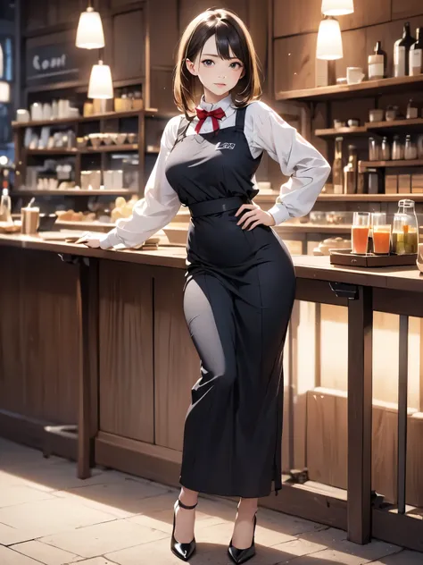 (masterpiece:1.3),(best quality, highest quality),((Including face)),1girl,Standing position,4K,((Focus on the face)),((Symmetrical facial features)),Beautiful woman, slender, Beautiful feet, ((High heels)),Detailed depiction of the face,(cafe staff unifor...