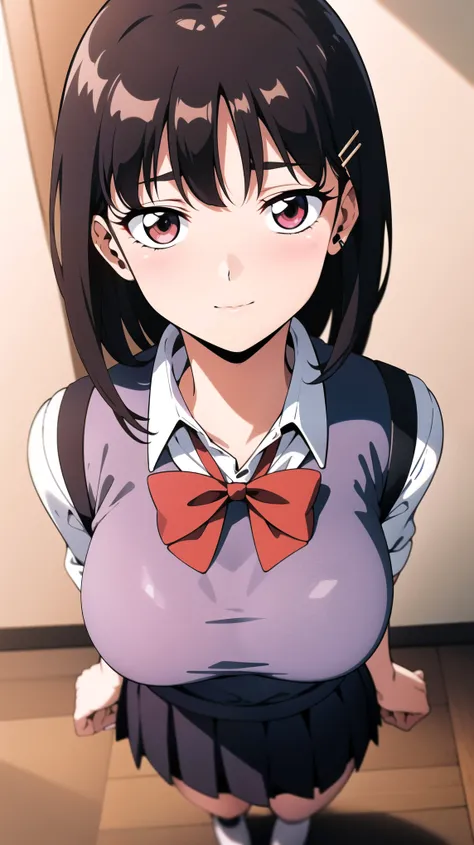 Full body, Simple White Background,school uniform,red bowtie,white shirt,Blue sweater vest,pleated skirt,flower hair clip, hair flower, hair ornament, Red eyes,bangs, black hair, long hair,1 girl, 20yo,Young female,Beautiful Finger,Beautiful long legs,Beau...