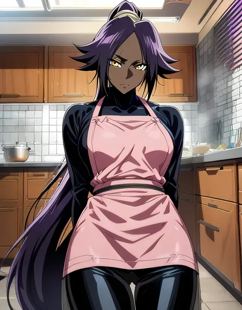 1girl, anime, illustration, Shihouin Yoruichi, Bleach, detailed face, purple hair, perfect yellow eyes,(dark skin), tanned, wearing sexy pink apron,kitchen background, full length view, masterpiece, 8k, hd quality,top quality, masterpiece,fine pore, ultra ...