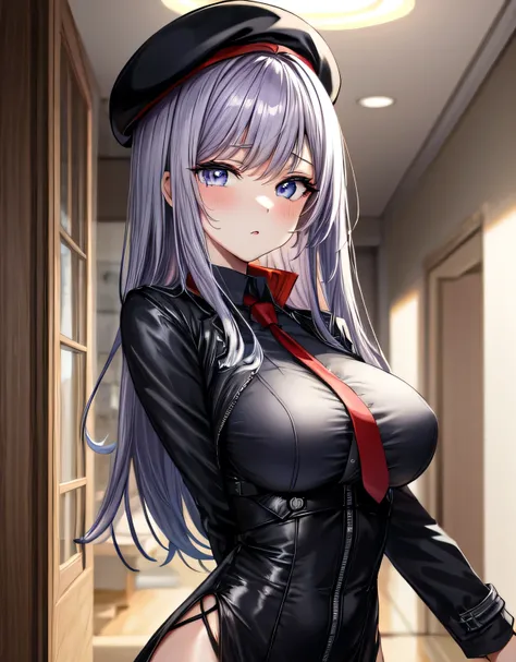 long hair, black leotad,beret,black hat,red necktie,black jacket,shiny black jacket,(purple hair:1.1),(purple eyes:1.1),blush,No expression,closed mouth,lips,(large breasts:1.55),(shiny,hair),((solo)),((masterpiece)),((best quality)),perfect anatomy,slim w...