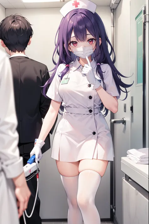 1boy, solo, male focus, nurse, white nurse cap, white nurse uniform, ((white legwear, zettai ryouiki)), white gloves, long hair, purple hair, red eyes, ((white surgical mask, covered nose)), standing, ((hospital room)), sharp outline, short sleeves, shota,...