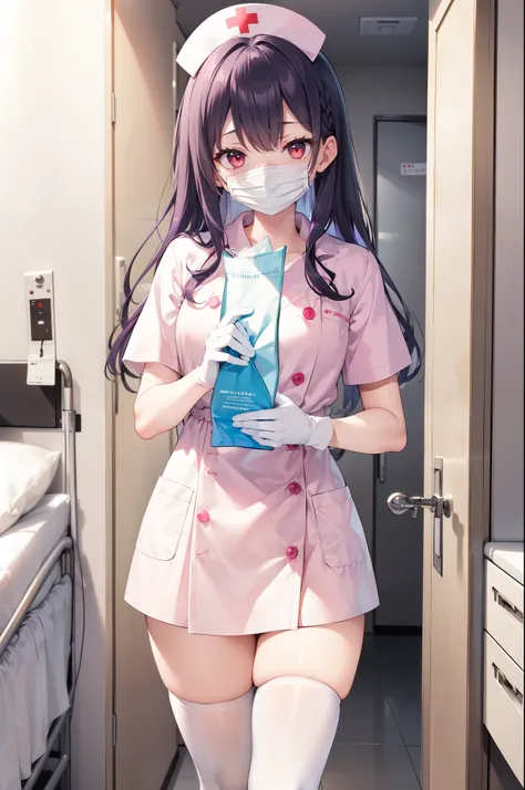 1boy, solo, male focus, nurse, white nurse cap, white nurse uniform, ((white legwear, zettai ryouiki)), white gloves, long hair, purple hair, red eyes, ((white surgical mask, covered nose)), standing, ((hospital room)), sharp outline, short sleeves, shota,...