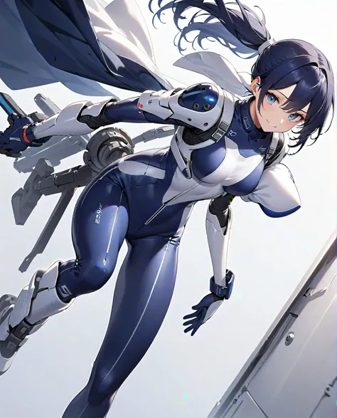 (​masterpiece、 top quality、 highest resolution、Clear image、 detailed images、 The angle is from above ): (solo、Lonely Girl、Japanese Face、 high knot ponytail、Dark blue hair girl、Sparkling Blue Eyes、( white and navy blue pilot suit with enamel finish、 white a...