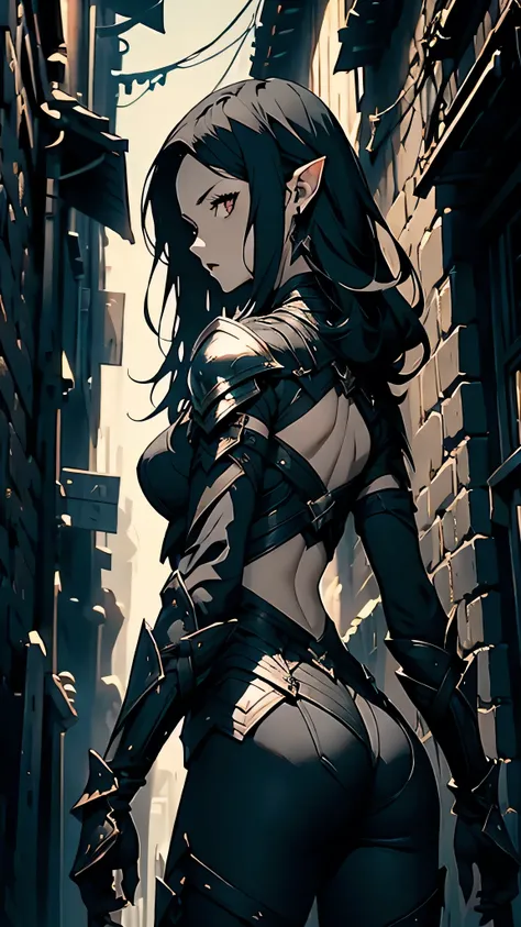 woman, black hair, light armor, pale skin, pointy ears, black theme, dagger, back alley grounds, night time,