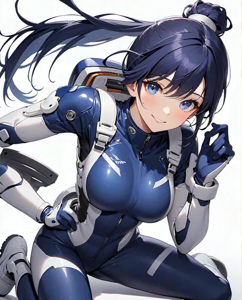 (​masterpiece、 top quality、 highest resolution、Clear image、 detailed images、 The angle is from above ): (solo、Lonely Girl、Japanese Face、 high knot ponytail、Dark blue hair girl、Sparkling Blue Eyes、( white and navy blue pilot suit with an enamel finish、 whit...