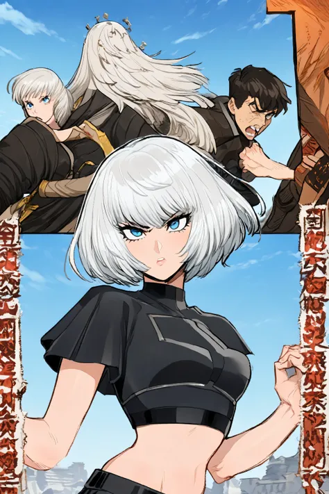 A girl the female character has short hair, white with blue, she is wearing a cropped top, and is, First frame the character standing looking forward,.In the second frame  fighting the male character, the male character has white hair, A black outfit, blue...