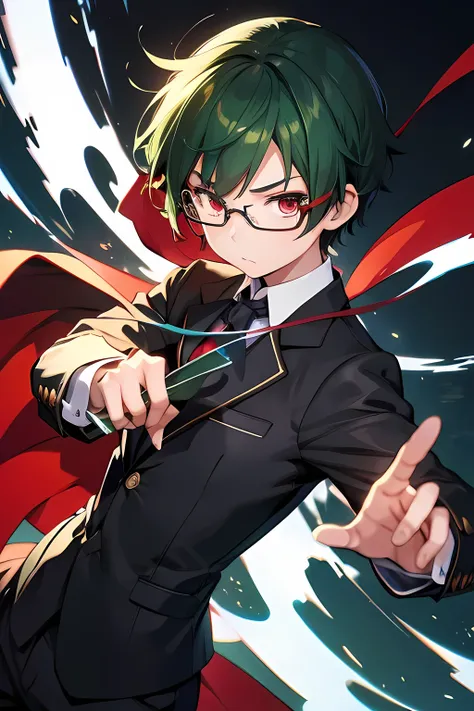 A  boy、 green hair、 short hair 、Red eyes、Slanted Eyes、Glasses、long sleeve blazer school uniform、 wind blows、 black background、 Fighting Poses、Left oblique view from the front、 Anime Style、 Highest Masterpiece。