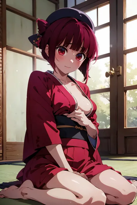 NSFW,masterpiece, top quality, high definition , very detailed ,Magana, short hair、 red eyes, kimono,yukata,( ahe face:1.5), orgasm, squirt,Japanese-style room,tatami