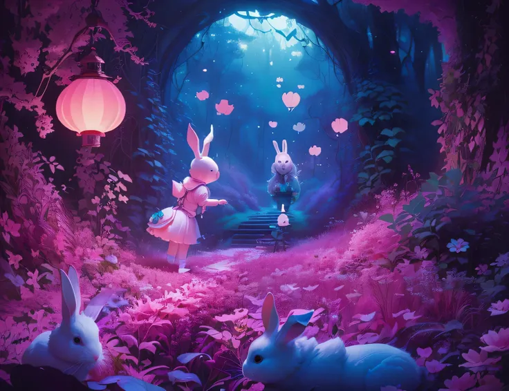 there are two rabbits in a pink forest with a lantern, alice goes down the rabbit hole, beeple and james jean, beeple. hyperrealism, inspired by David LaChapelle, alice in wonderland 3 d, realism | beeple, in style of cyril rolando, beeple and jean giraud,...