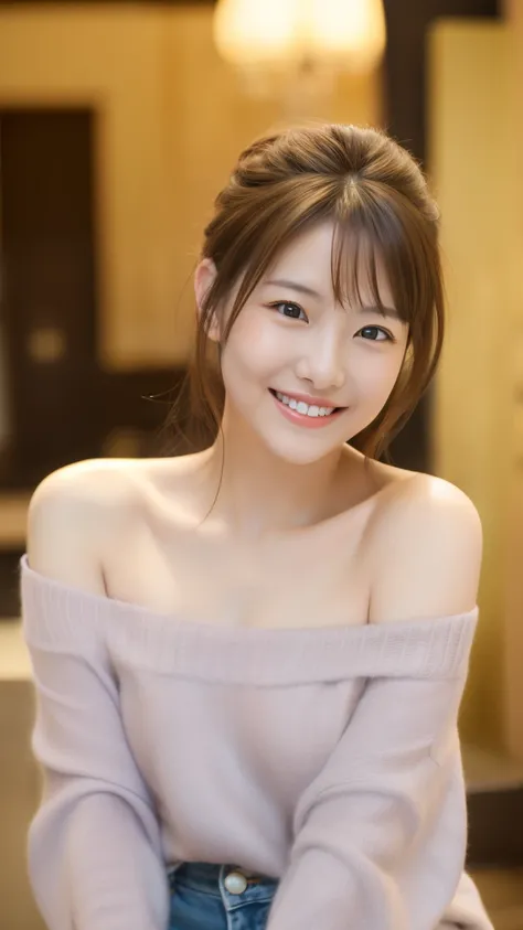   masterpiece  , top quality,(  Japanese girl ),(( beautiful girl)), clevis on a stone,( Off Shoulder :1.3),indoor,( Perfect Body Beauty :1.2),( has a smiling face ),Beautiful Teeth,From slightly above