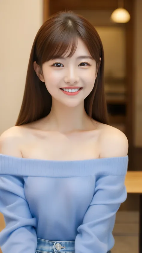   masterpiece  , top quality,(  Japanese girl ),(( beautiful girl)), clevis on a stone,( Off Shoulder :1.3),indoor,( Perfect Body Beauty :1.2),( has a smiling face ),Beautiful Teeth,From slightly above