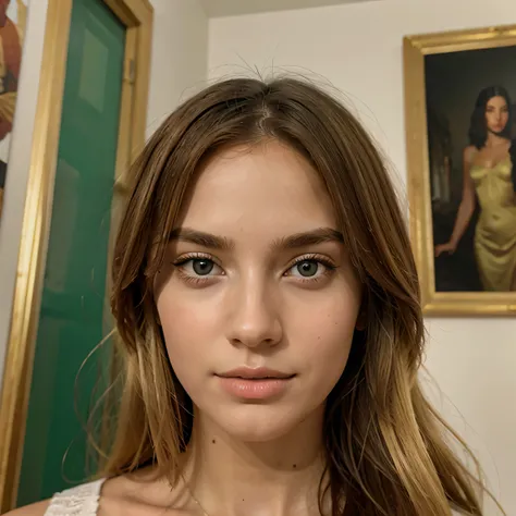 blonde woman with a thin but very beautiful face, in the background her white room with many paintings.