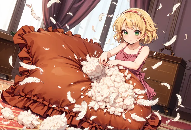 (best quality, masterpiece) , details, (Light and shadow oxtail) , Cute girl posing on pillow ,Pillow, Upholstered,Soft pillow,(Pillow),The love surrounding the protagonist,steam,(Luxury Pillow),(Gorgeous pattern pillow),luxurious pillow, standing,(Love ar...