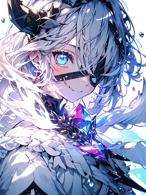 prism lens, masterpiece, cute anime style, Silver hair, Two white horns grow from its forehead, hair between the horns, twin-tailed hair, light blue eyes, white eye patch on one eye, smile, white clothes with ruffles, ruby jewelry on the chest, ruffled hea...