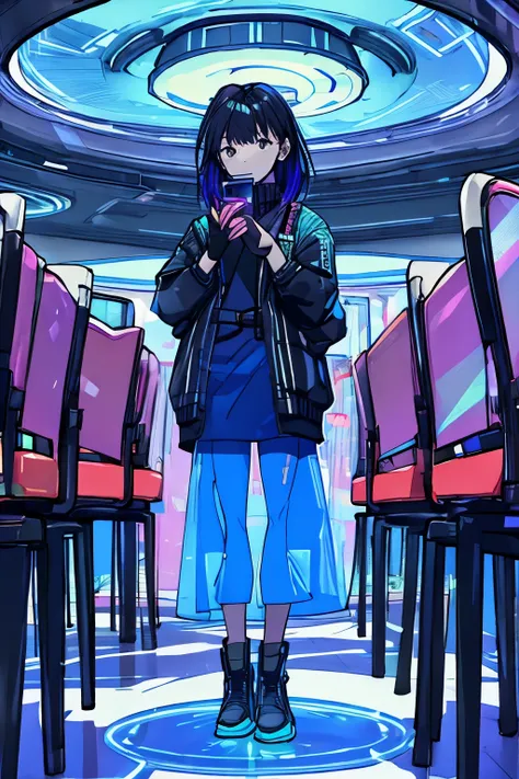 Futuristic Cafe ,  Woman Standing in a Large Store , ,  Holographic Menus and Decorations Floating in the Air,  Interior with Uniquely Shaped Chairs 