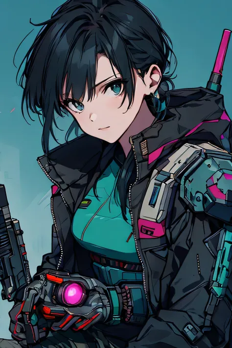 A futuristic bounty hunter 。 wears cyberpunk style armor、 a woman with an energy gun in one hand 。