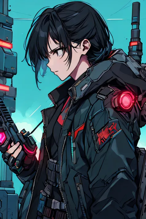 A futuristic bounty hunter 。 wears cyberpunk style armor、 a woman with an energy gun in one hand 。