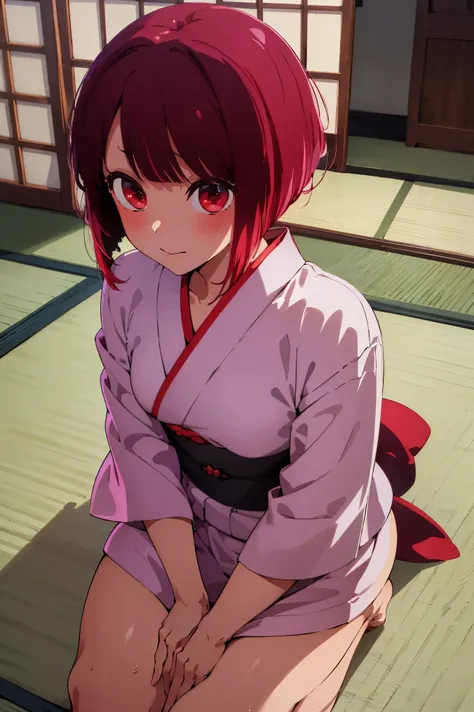 NSFW,masterpiece, top quality, high definition , very detailed ,Magana, short hair、 red eyes, kimono,yukata, squirt,Japanese-style room,tatami, lustful face