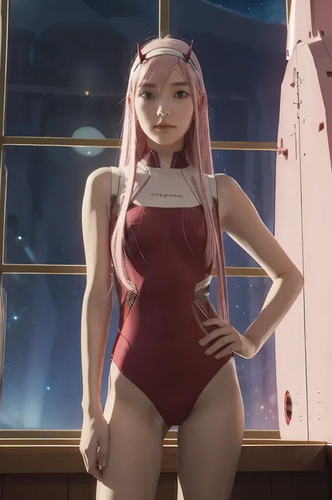 dynamic angle,ultra-detailed, illustration, straight on, 1girl, ((Zero two, interface headband with a pair of horns, red bodysuit:1.4, pink hair)), Her eyes shone like dreamy stars,(glowing eyes:1.233),(beautiful and detailed eyes:1.1),(expressionless, clo...