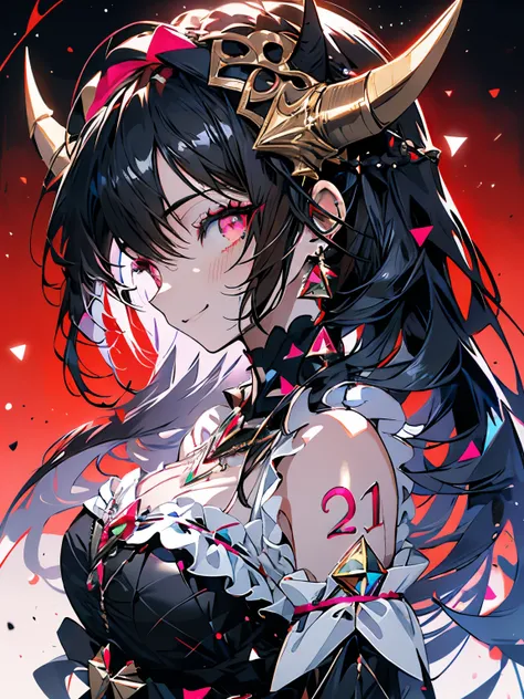 prism lens, masterpiece, cute anime style, black hair, Two black horns grow from its forehead, hair between the horns, twin-tailed hair, light red eyes, black eye patch on one eye, smile, black clothes with ruffles, ruby jewelry on the chest, ruffled headb...