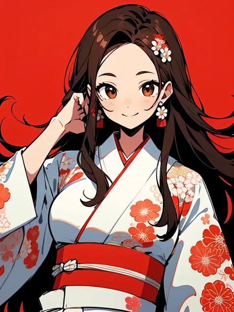 (looking at viewer),solo,(upperbody),25years old,(bright brown straight long hair:1.3), (big forehead),brown eyes, (red floral design white kimono:1.6) , smile, white simple background, (manga style),(sketch),(illustration),