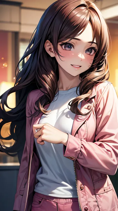 a cool anime 18 years old girl in pink running jacket, pink pants, cute smile, long wavy hair, beautiful detailed face, adorable girl, 3:4 body looks, perfect body ratio, front view, look at the camera, perfect background, (best quality,4k,8k,highres,maste...