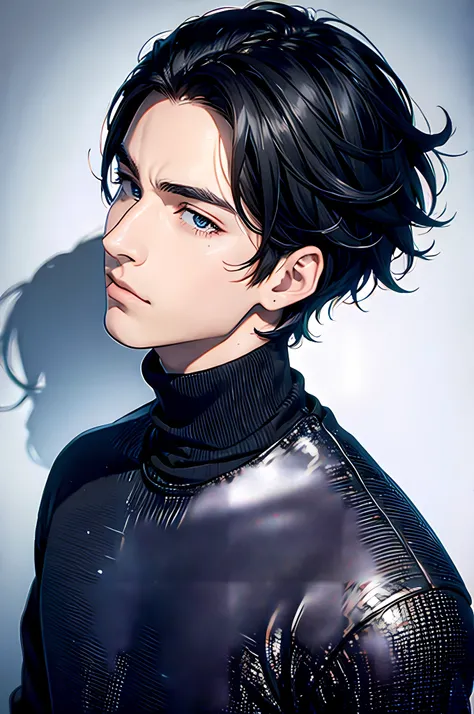 Best quality, masterpiece, ultra high res, ((extremely detailed handsome boy, handsome face)), short hairstyle, black hair, (iconic dark ink splash background), ((extremely detailed black lined turtleneck sweatshirt)), (extremely detailed white long jacket...