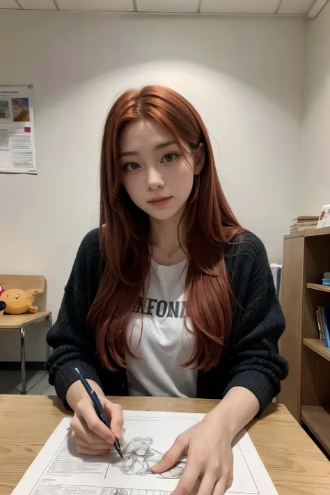 A red-haired psychopedagogue with long hair at a therapy clinic filled with drawings around the room and with various activities and with a  learning to draw