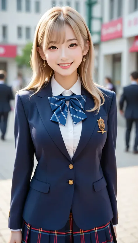  score_9,  score_8_up,  score_7_up, super detailed,  Hausmo Style  , 32K,  masterpiece  , top quality, super high definition ,  Beautiful Face and Eye Details,  beautiful Japanese woman ,  blonde hair  , invalid,smile,  steam,  school uniform ,  blazer,  m...