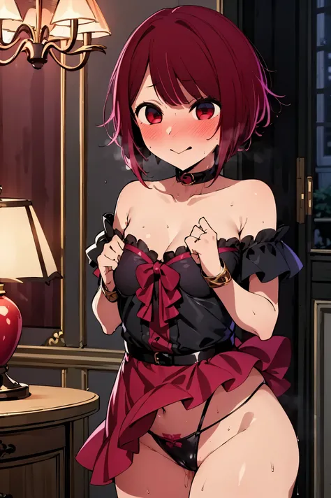 NSFW,masterpiece, top quality, high definition , very detailed ,Magana, short hair、 red eyes,Embarrassed,blush,Heavy breathing,Luxurious Room, chandeliers ,bar