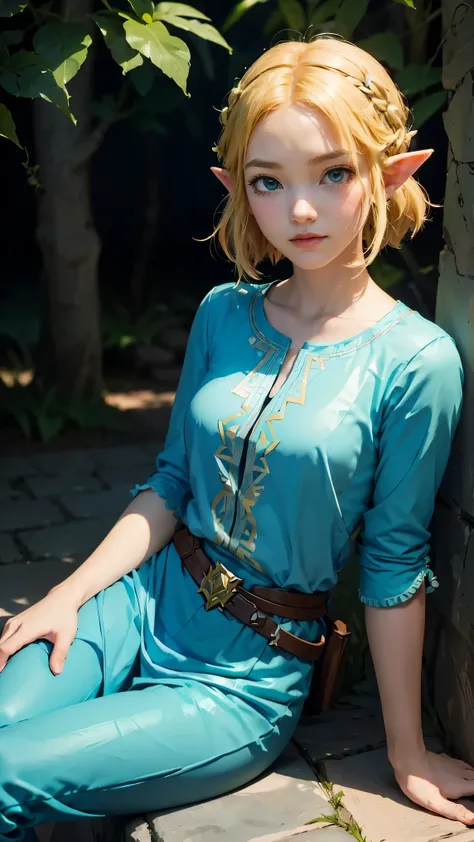 princess zelda, 1girl, artist request, belt, blonde hair, blue shirt, book, boots, expressionless, full body, green eyes, highres, looking at viewer, magic, nintendo, pants, pointy ears, shirt, short hair, simple background, solo, the legend of zelda, the ...