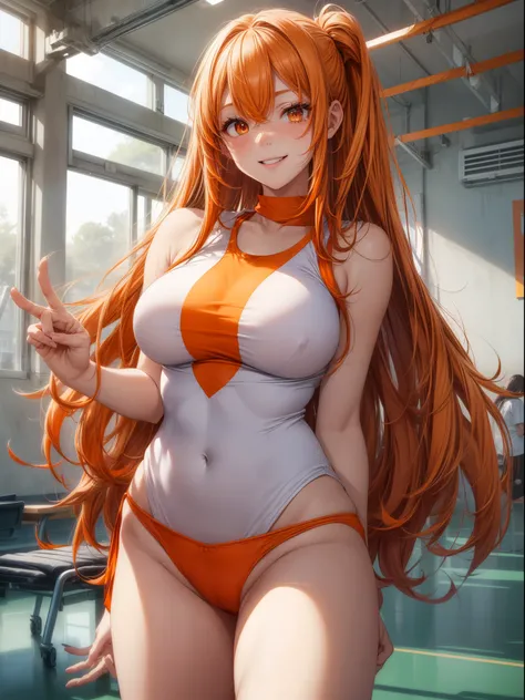 top-quality、Full limbs、complete fingers、1girl in、((one beautiful women、solo))、Beautiful Large Breasts、Long Hair、straight haired、orange color hair、(White gym uniform that covers the upper body)、((orange high leg spats))、schools、School Grounds、school buildin...