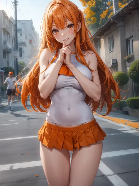 top-quality、Full limbs、complete fingers、1girl in、((one beautiful women、solo))、Beautiful Large Breasts、Long Hair、straight haired、orange color hair、(White gym uniform that covers the upper body)、((orange high leg spats))、schools、School Grounds、school buildin...