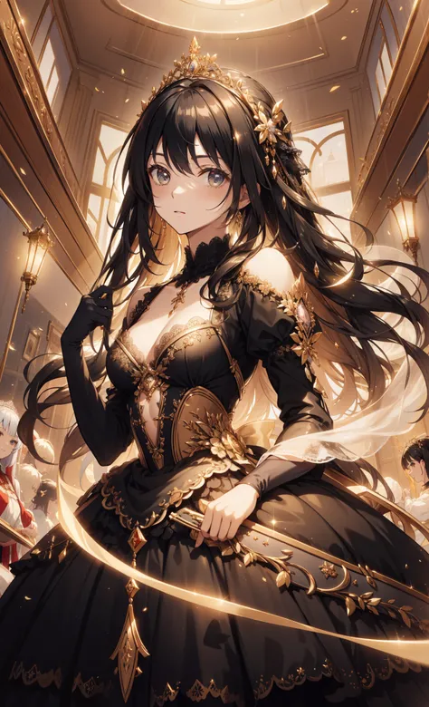 masterpiece,  top quality,  high resolution, 1,  gorgeous gold lace ruffle dress ,  beautiful little metal tiara pleasant atmosphere, Straight Hair, A black ribbon on the head , There are lots of streamers around 