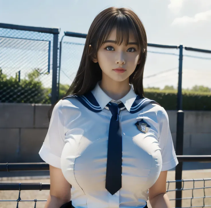 8K quality,  Masterpiece,  bright artistic lighting in front of a wire fence,  super real , In front of a wire fence,  one girl, brunette with bangs , (High school girl in uniform), (High chest position:1.3), (Big Breasts:1.3), From the chest up, JK, ( red...