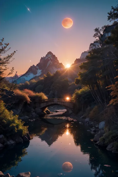 A breathtaking alien landscape at sunset, featuring vibrant glowing plants and crystalline mountains. The sky is a gradient of deep orange and pink with two moons visible. A serene river flows with luminescent water reflecting the surreal environment, and ...