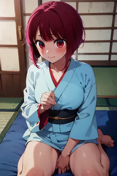 NSFW,masterpiece, top quality, high definition , very detailed ,Magana, short hair、 red eyes, kimono,yukata, squirt,Japanese-style room,tatami, lustful face,blush