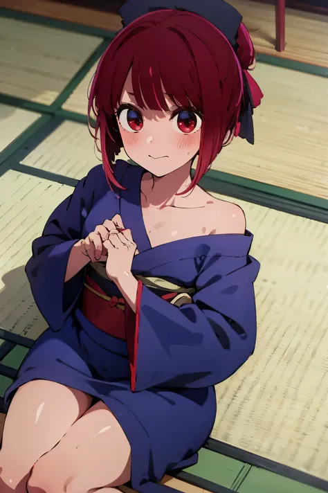 NSFW,masterpiece, top quality, high definition , very detailed ,Magana, short hair、 red eyes, kimono,yukata, squirt,Japanese-style room,tatami, lustful face,blush