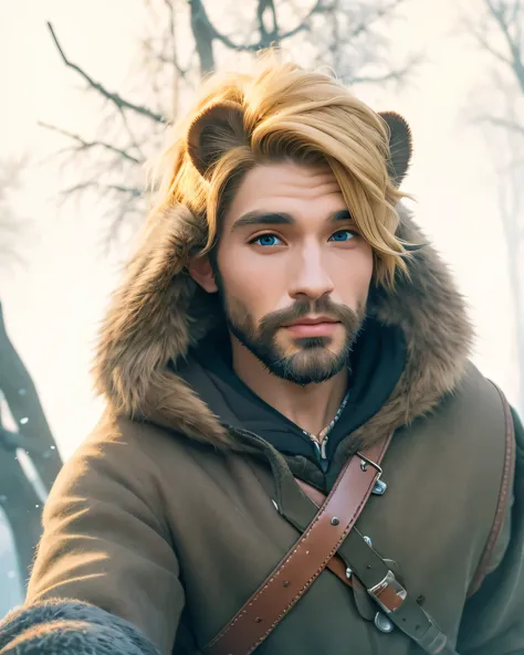there is a man with a furry hood on taking a selfie, profile image, profile picture, profile shot, headshot profile picture, profile photo, profile pic, wild hairstyle, fur hood, reddit post, wearing hood, using dead lion costume jacket, furry mawshot, wea...