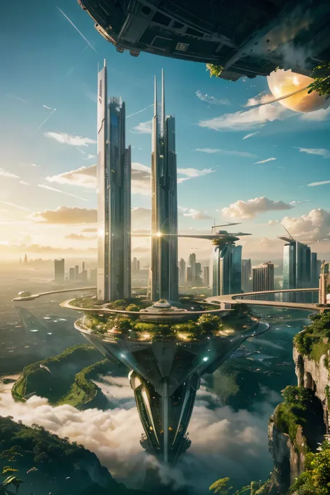 A massive futuristic city on a floating island in the sky, with interconnected bridges, waterfalls cascading into the clouds below, and towering spires adorned with green terraces. The scene is illuminated by a golden sunrise, with sleek spaceships flying ...