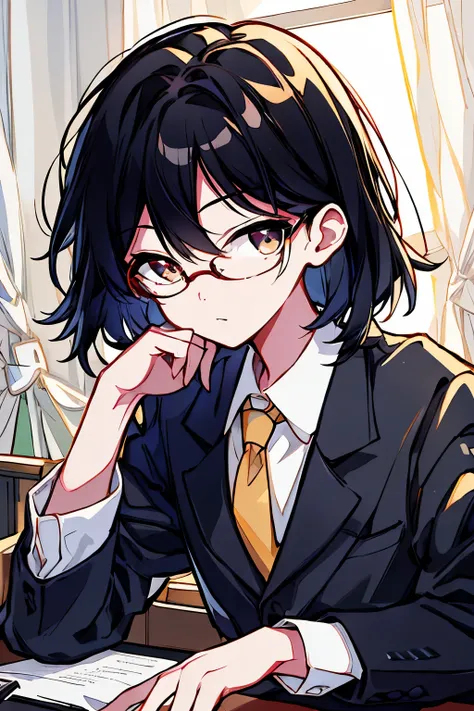 masterpiece,best quality,ultra detailed,supper fine illustration,hires,official art,  black hair short cut long eyes with glasses, Attractive images of people ,  The atmosphere is quiet and focused ,  Im sitting in front of my computer screen , Office Envi...